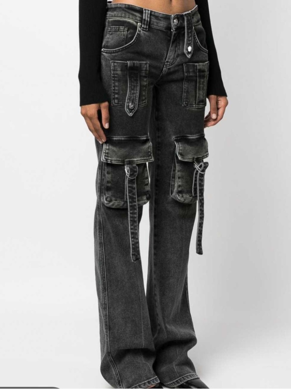 NWT Blumarine Black Washed Cargo Jeans with Strap Detail 28x36